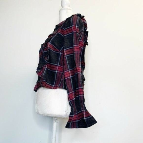 Romeo + Juliet Couture long sleeve plaid Ruffle top red gray sz M - Picture 2 of 12
